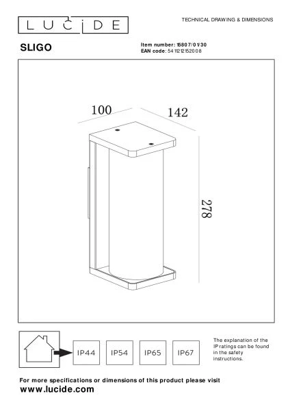 Lucide SLIGO - Wandleuchte Innen/Außen - 1xE27 - IP54 - Schwarz - TECHNISCH